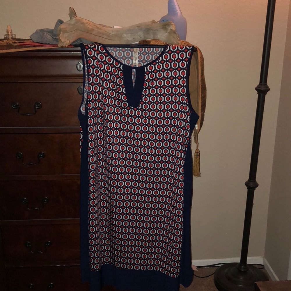 blue, red, and white dress. long and flowy